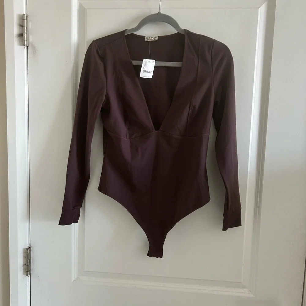 Free People Intimately V Neck Bodysuit Top Brown Medium